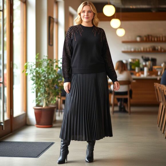 YAL New York Classic Pleated Black Elastic Waist Skirt, NEW! Size 2X - Picture 3 of 7